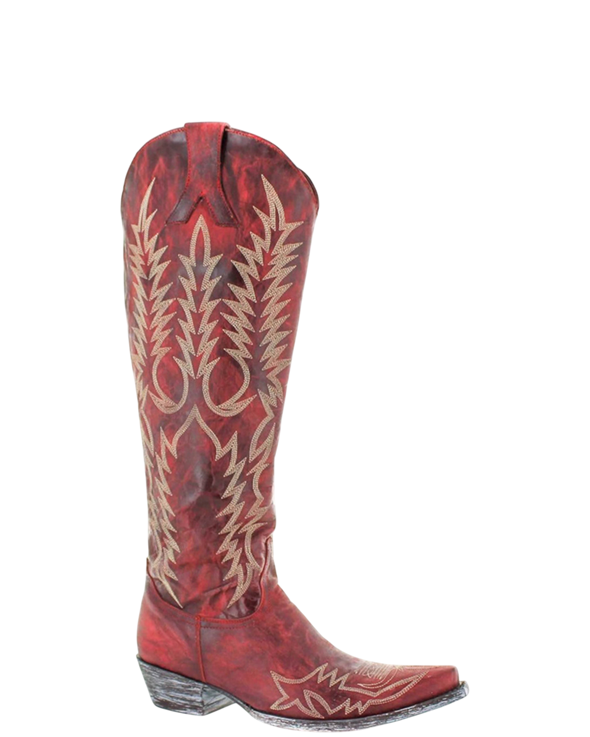 Old Gringo Boots Mayra Bis 18-inch tall western boot in Vesuvio Red leather with intricate cream embroidery