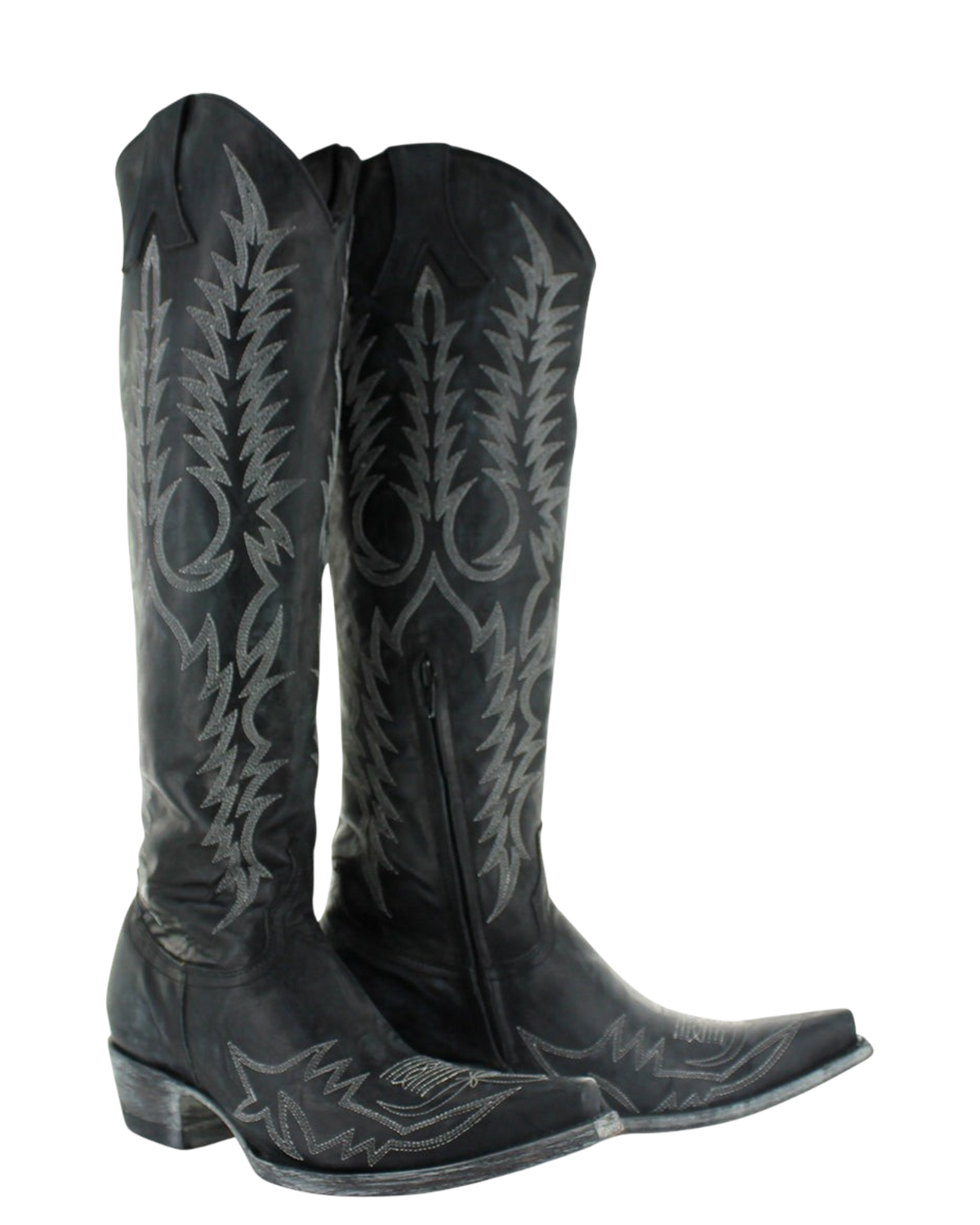 Old Gringo Boots Mayra Bis tall black leather western boots with intricate grey embroidery and a pointed toe.