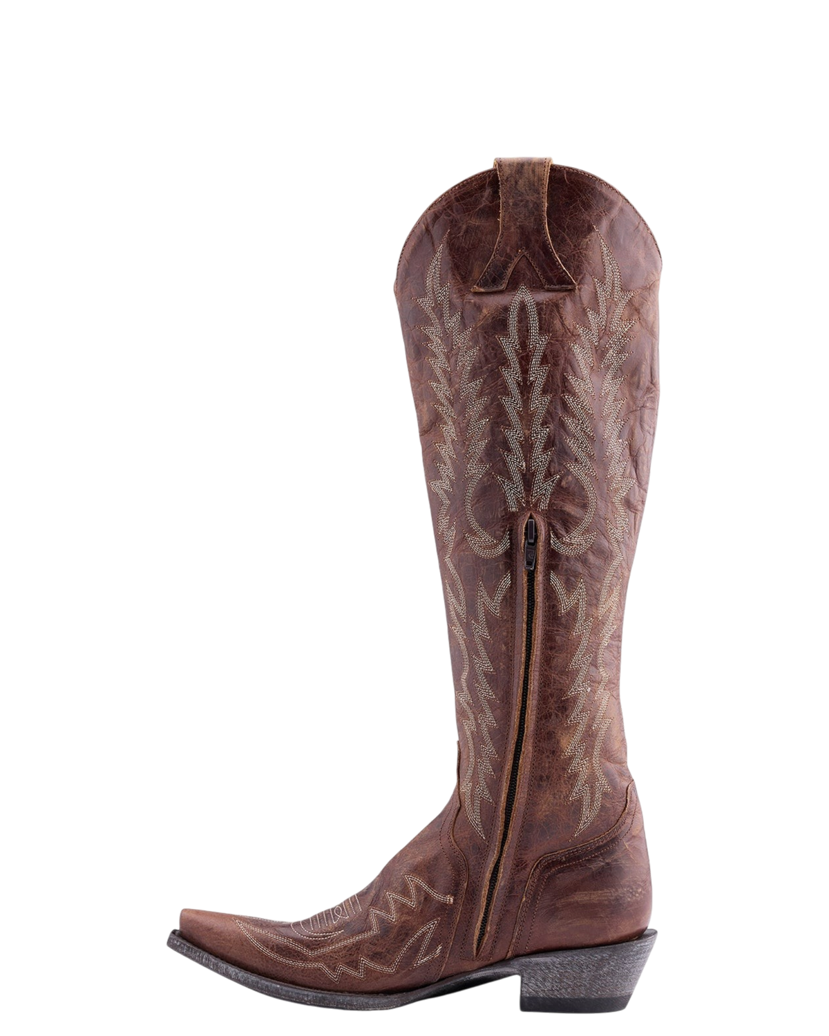 Old Gringo Boots Mayra Bis 18 inch tall brown leather western cowboy boots with intricate white embroidery and side zip