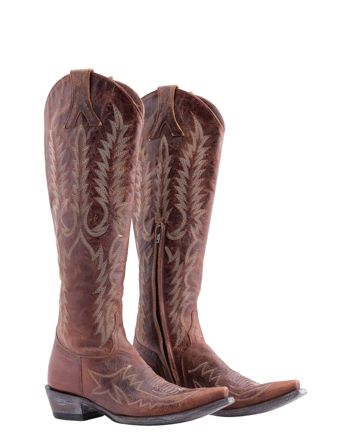 Old Gringo Boots Mayra Bis 18 tall brown leather western boots with intricate cream embroidery and side zipper