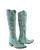 Old Gringo Boots Mayra Bis 18-inch tall turquoise leather western boots with intricate grey embroidery and side zipper.
