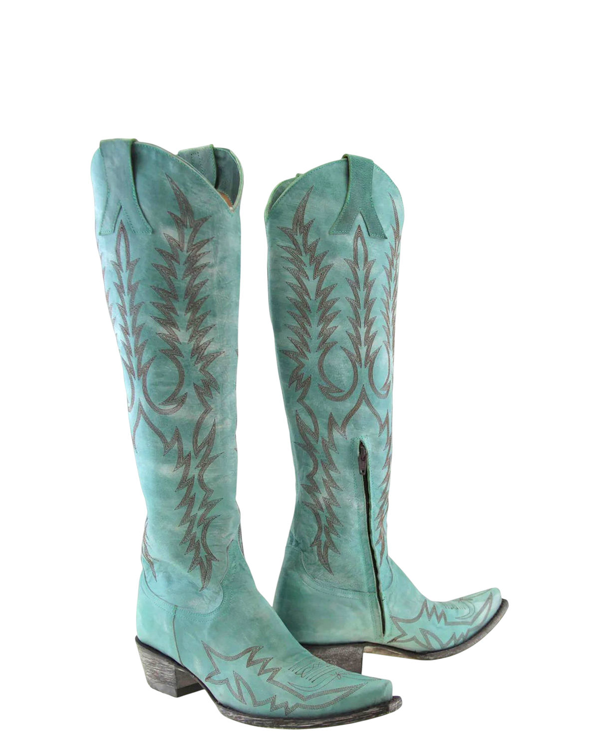 Old Gringo Boots Mayra Bis 18-inch tall turquoise leather western boots with intricate grey embroidery and side zipper.