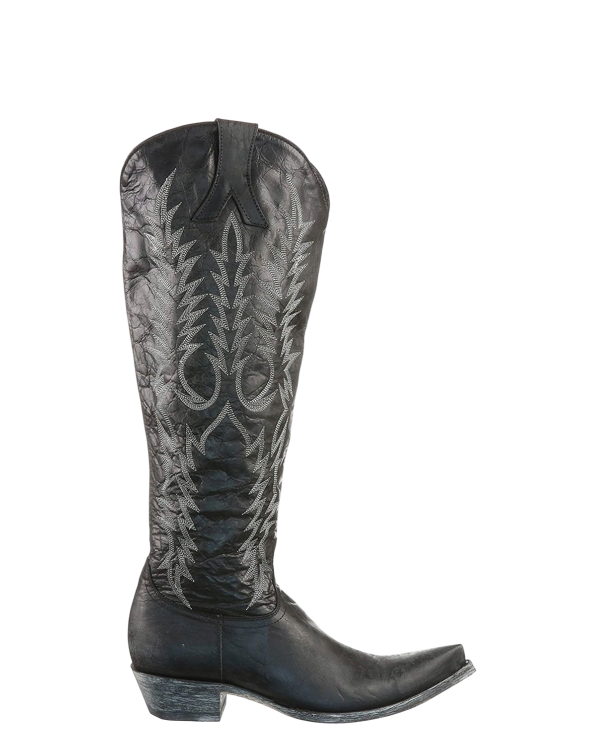 Old Gringo Boots Mayra black cowgirl boots with white wheat embroidery, pointed toe, and relaxed fit wide shaft.