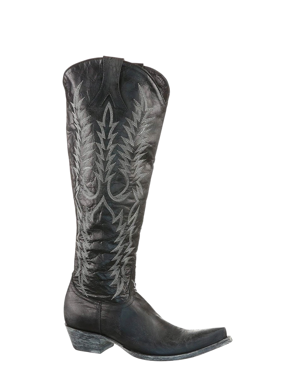 Old Gringo Boots Mayra black cowgirl boots with white wheat embroidery, pointed toe, and wide relaxed fit shaft.