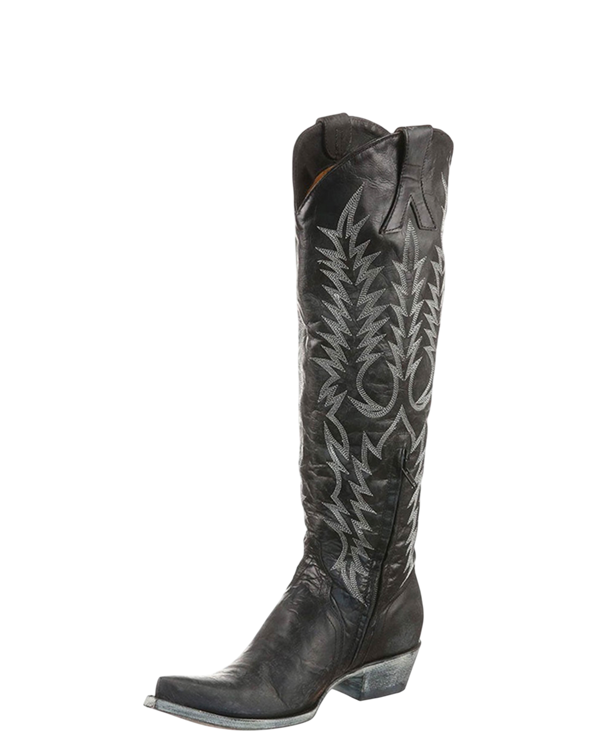 Old Gringo Boots Mayra black cowgirl boots with white wheat embroidery, pointed toe, and relaxed fit wide shaft.