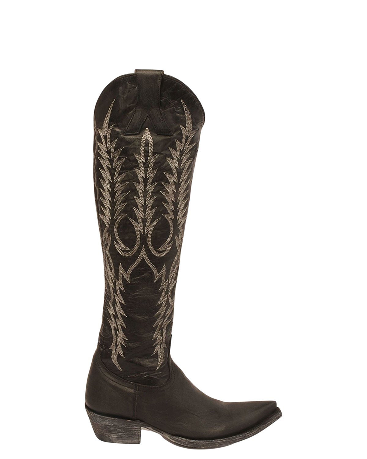 Old Gringo Boots Mayra black cowgirl boots with white wheat embroidery, pointed toe, and wide relaxed fit shaft.