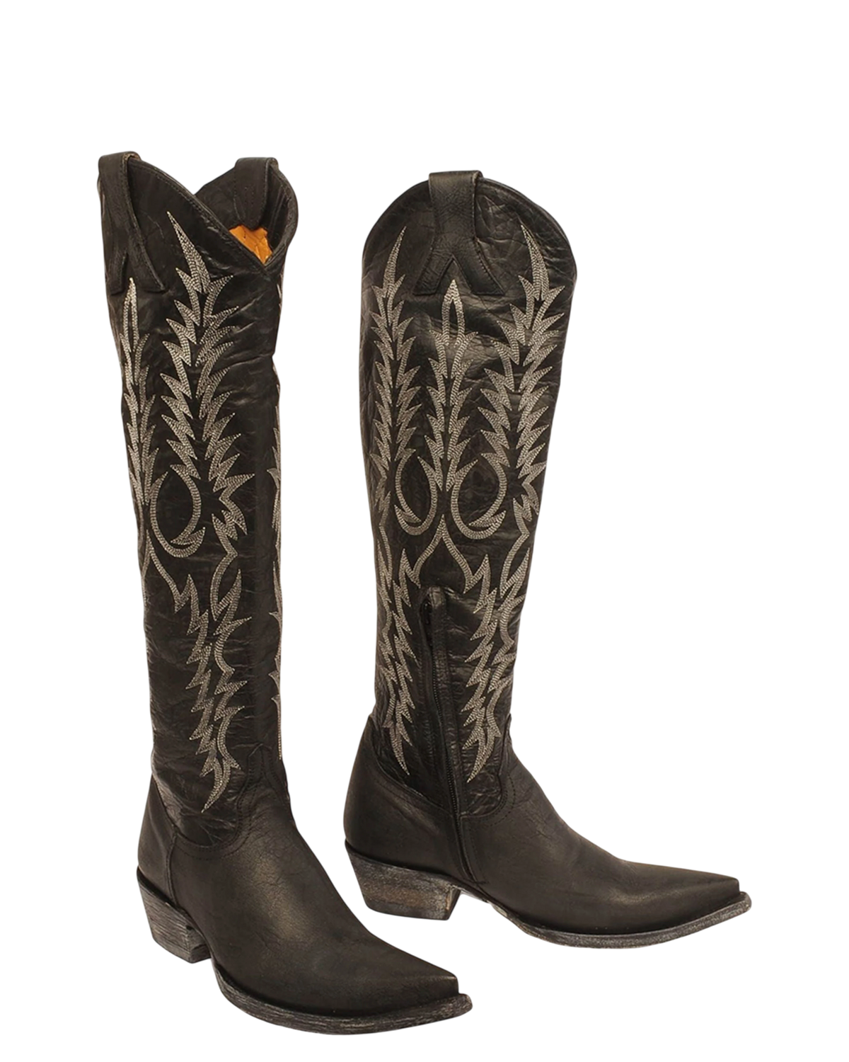 Old Gringo Boots Mayra black cowgirl boots with white wheat embroidery, pointed toe, and relaxed fit wide shaft.