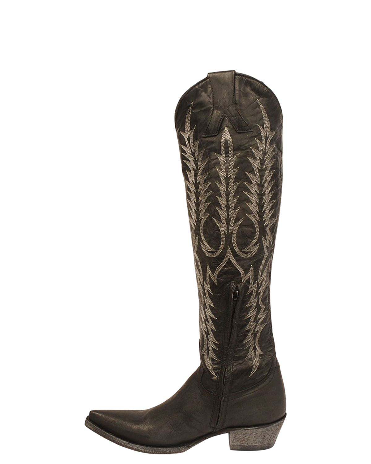 Old Gringo Boots Mayra black leather cowgirl boots with white wheat embroidery and a pointed toe, relaxed fit shaft.