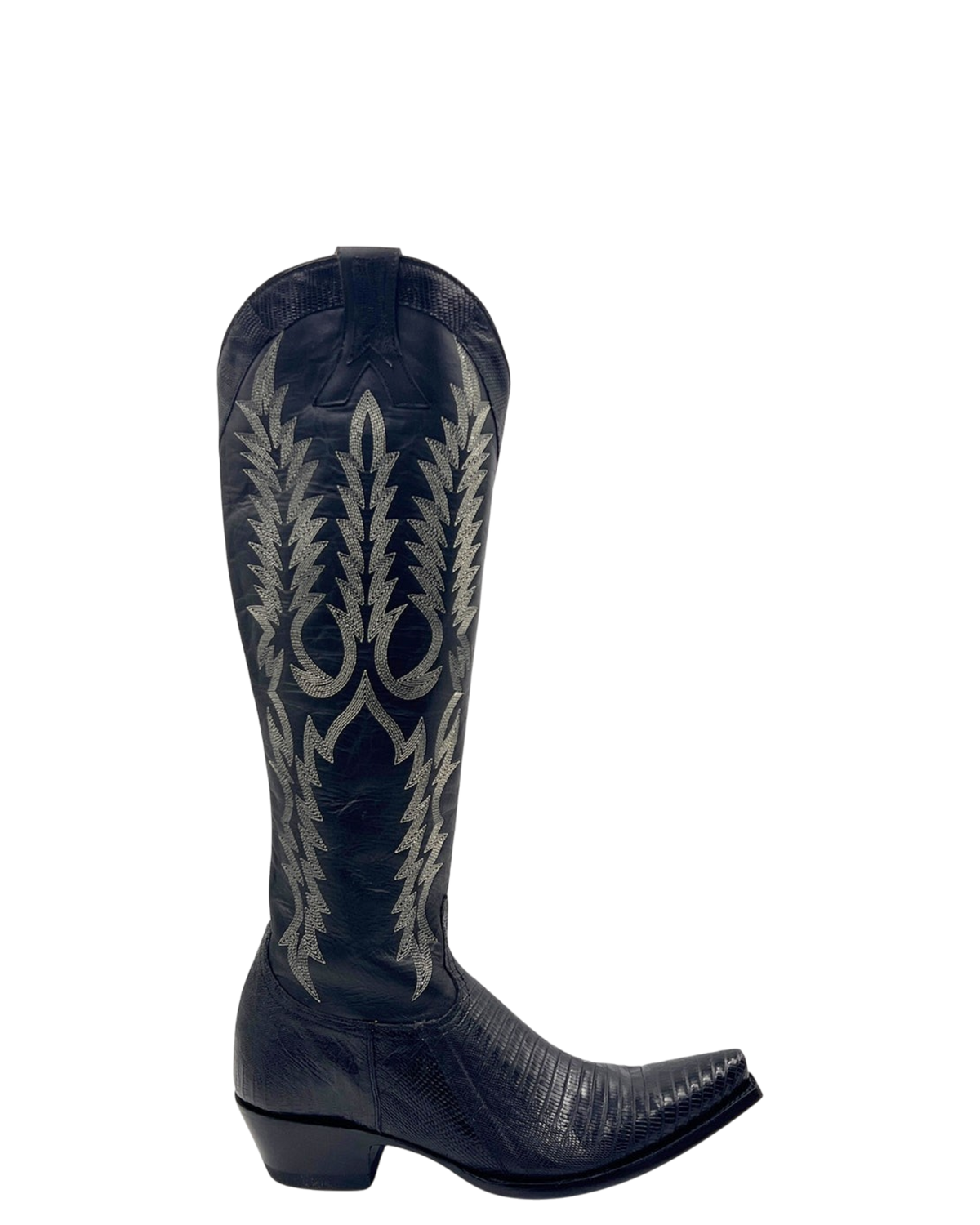 Old Gringo Boots Mayra tall black leather western boots with intricate silver embroidery and pointed toe