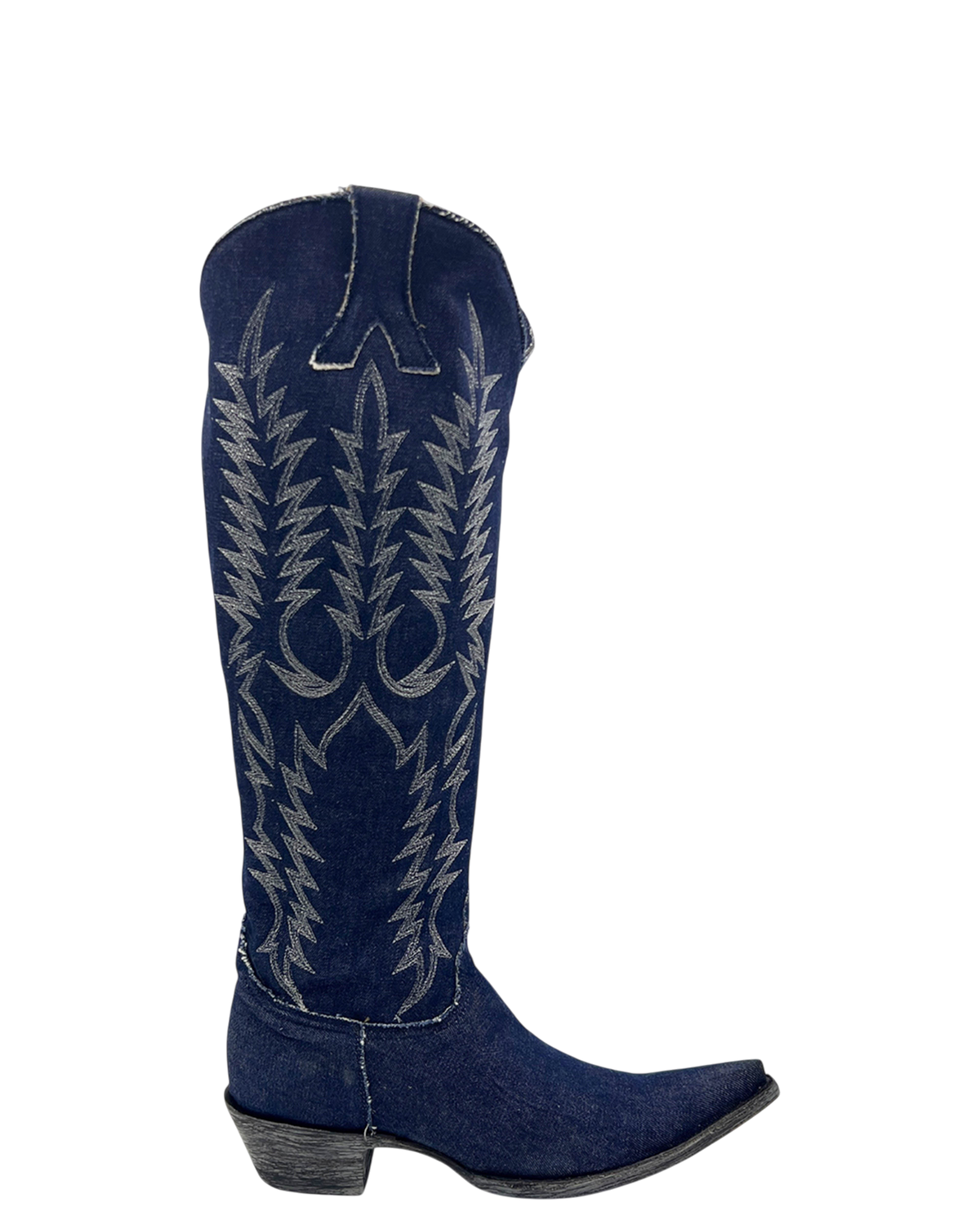 Old Gringo Boots Mayra tall western boot in blue jeans denim with intricate white embroidery and pointed toe