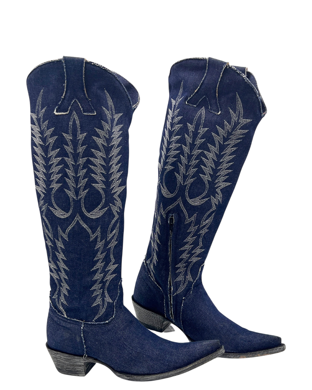 Old Gringo Boots Mayra tall western boots in blue jeans denim with intricate white embroidery and side zippers