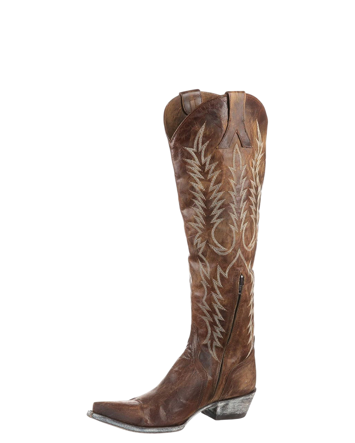 Old Gringo Boots Mayra brass goat leather tall western boots with intricate white embroidery and side zipper