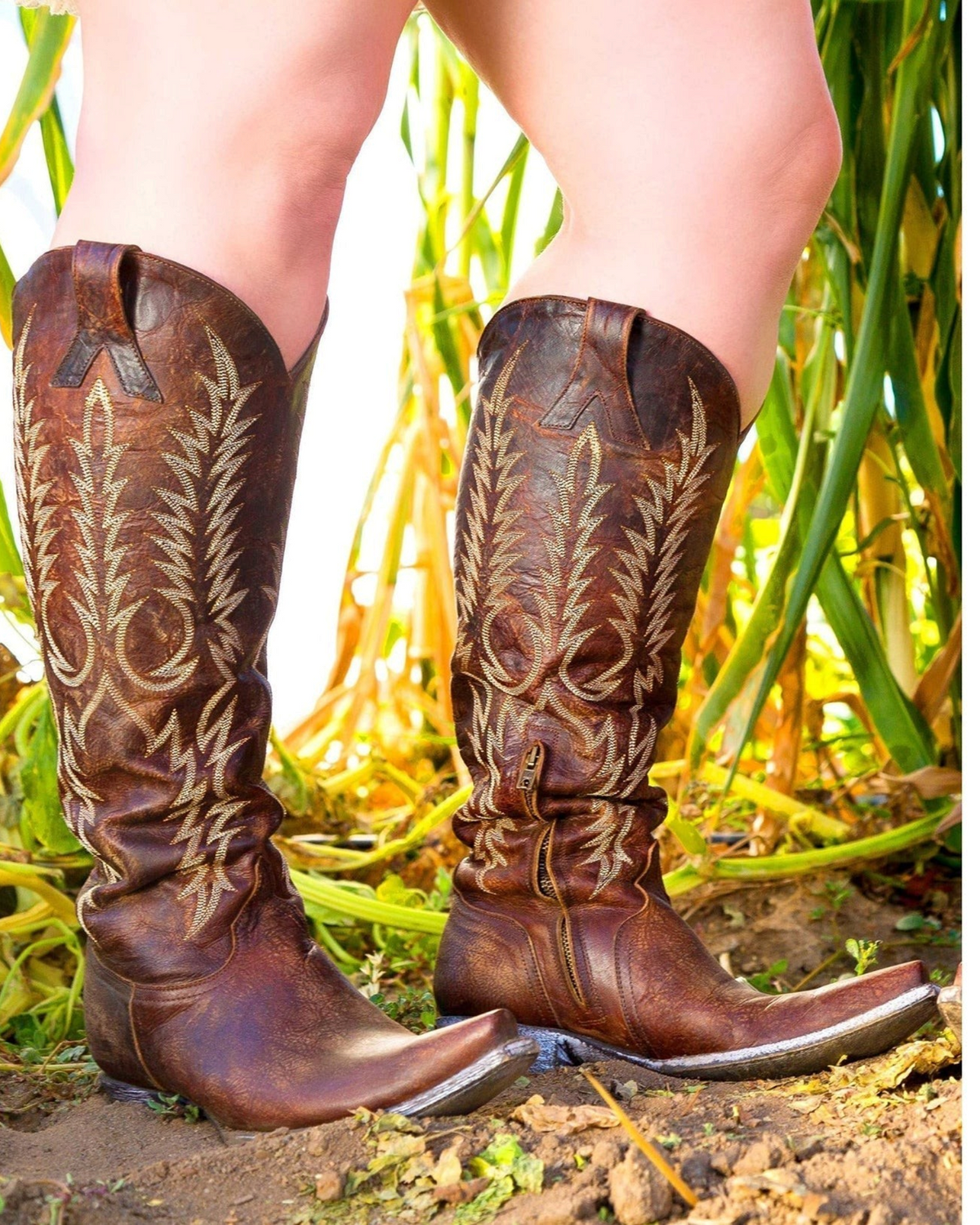 Old Gringo Boots Mayra brass goat leather western boots with intricate embroidery and 18-inch shaft height