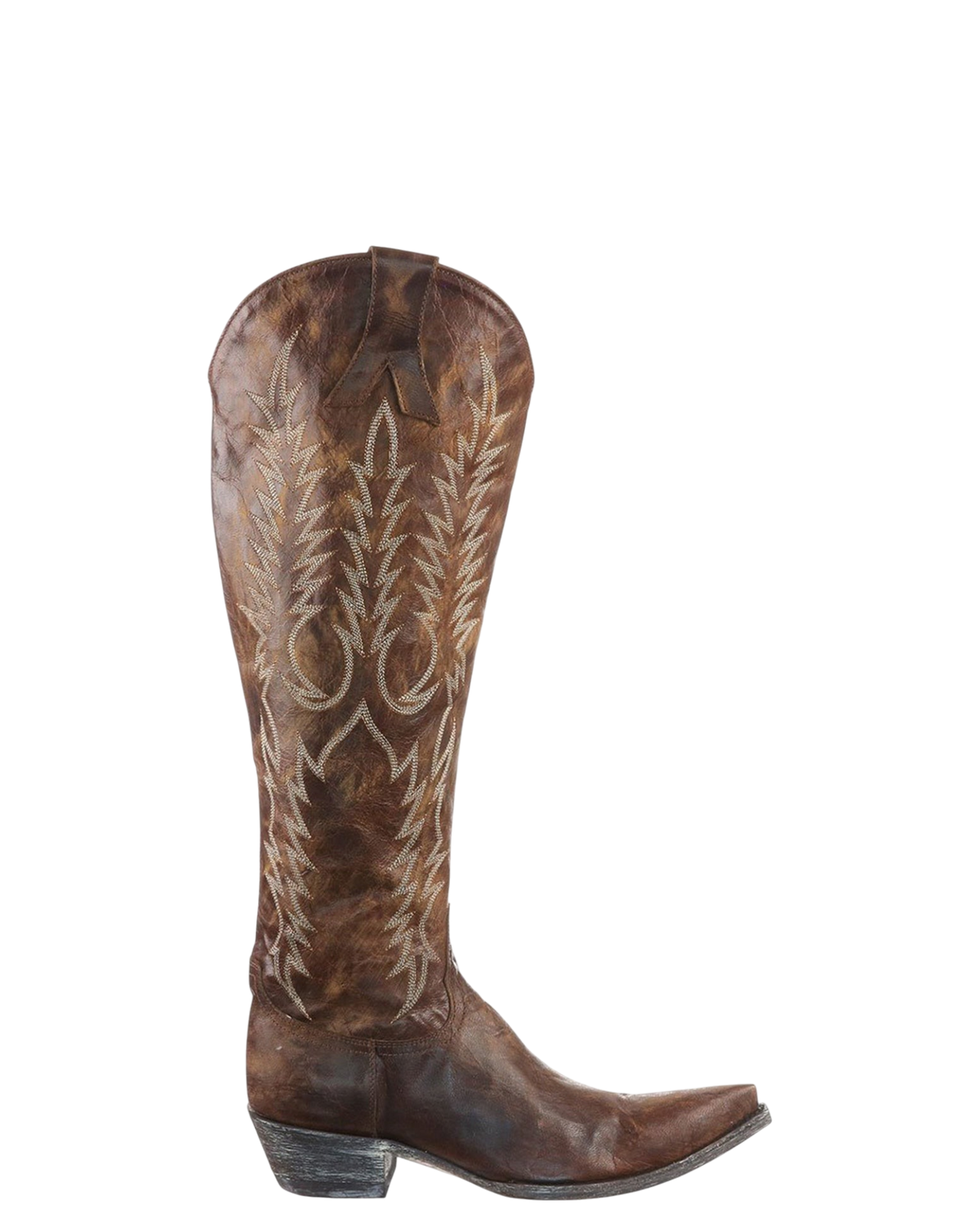 Old Gringo Boots Mayra brass goat leather western boots with intricate white embroidery and 18-inch shaft height
