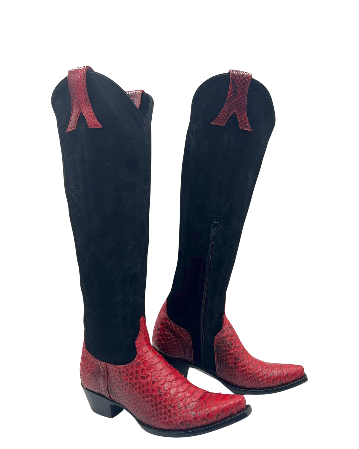 Old Gringo Boots Mayra Mid knee-high boots in black suede and red python leather with a pointed toe and side zipper.