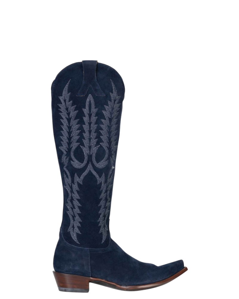 Old Gringo Boots Mayra Mid navy blue suede western boot with intricate silver embroidery and a classic stacked heel.