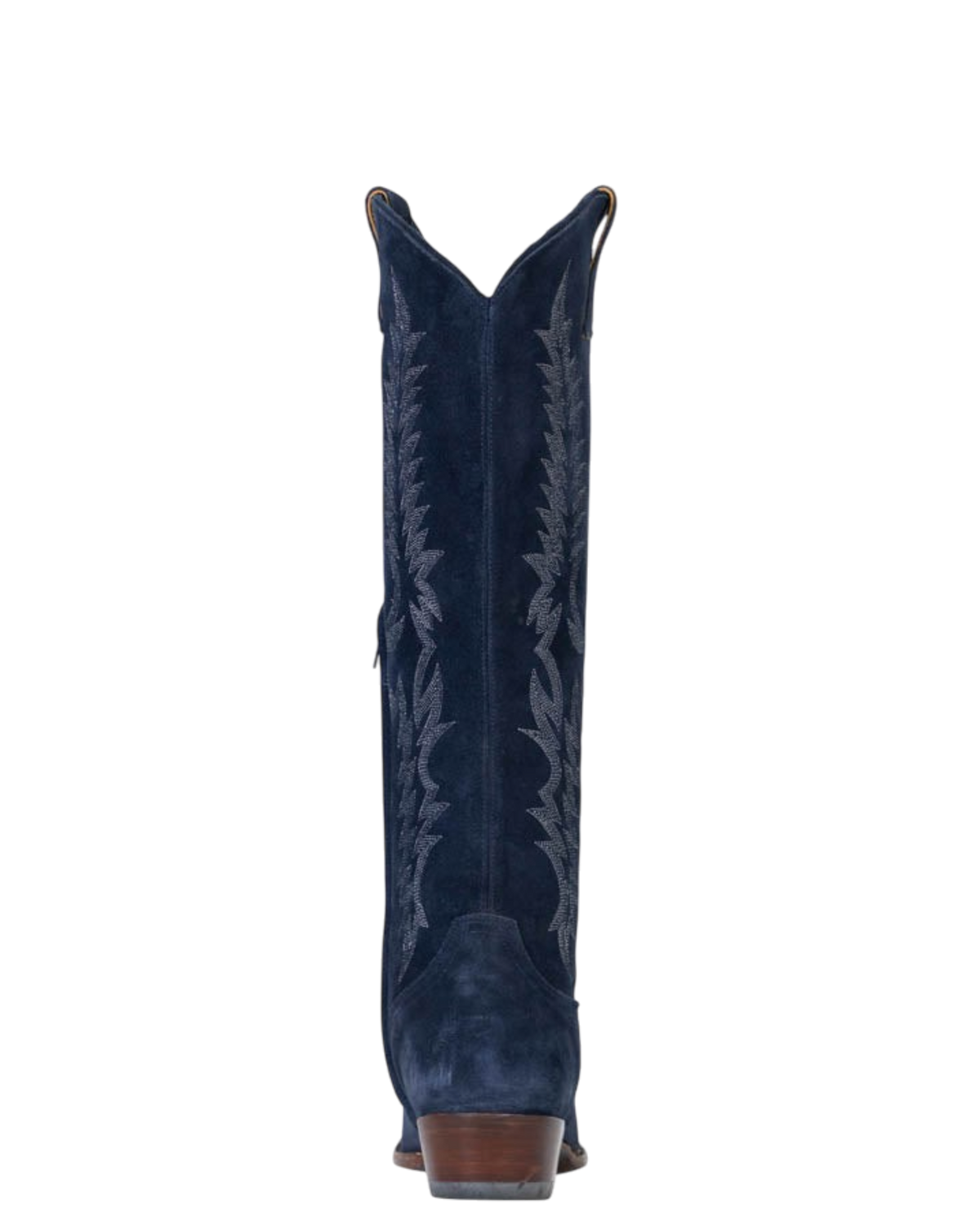 Old Gringo Boots Mayra navy blue suede western boot with intricate stitching, back view showing stacked heel.