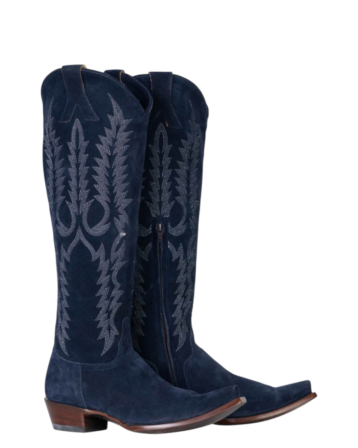 Old Gringo Boots Mayra navy blue suede knee-high western boots with intricate grey embroidery and side zipper