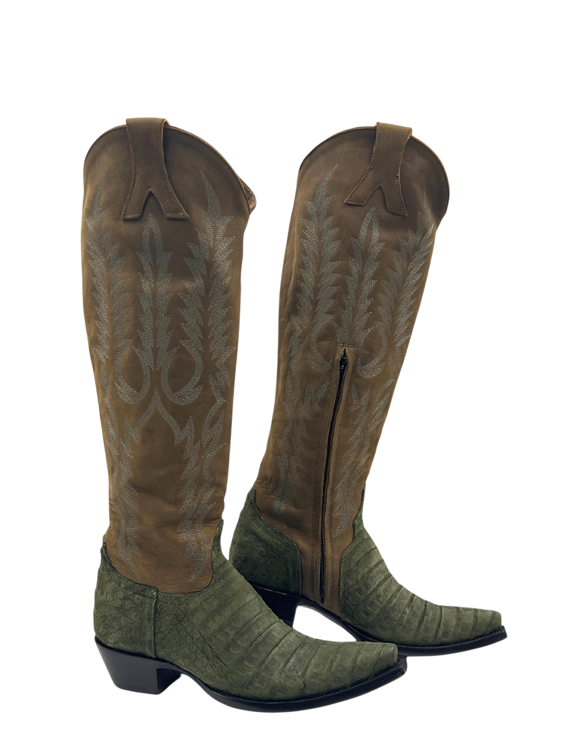 Old Gringo Boots Mayra 18-inch olive green western boots in textured Cayman leather with intricate shaft embroidery.