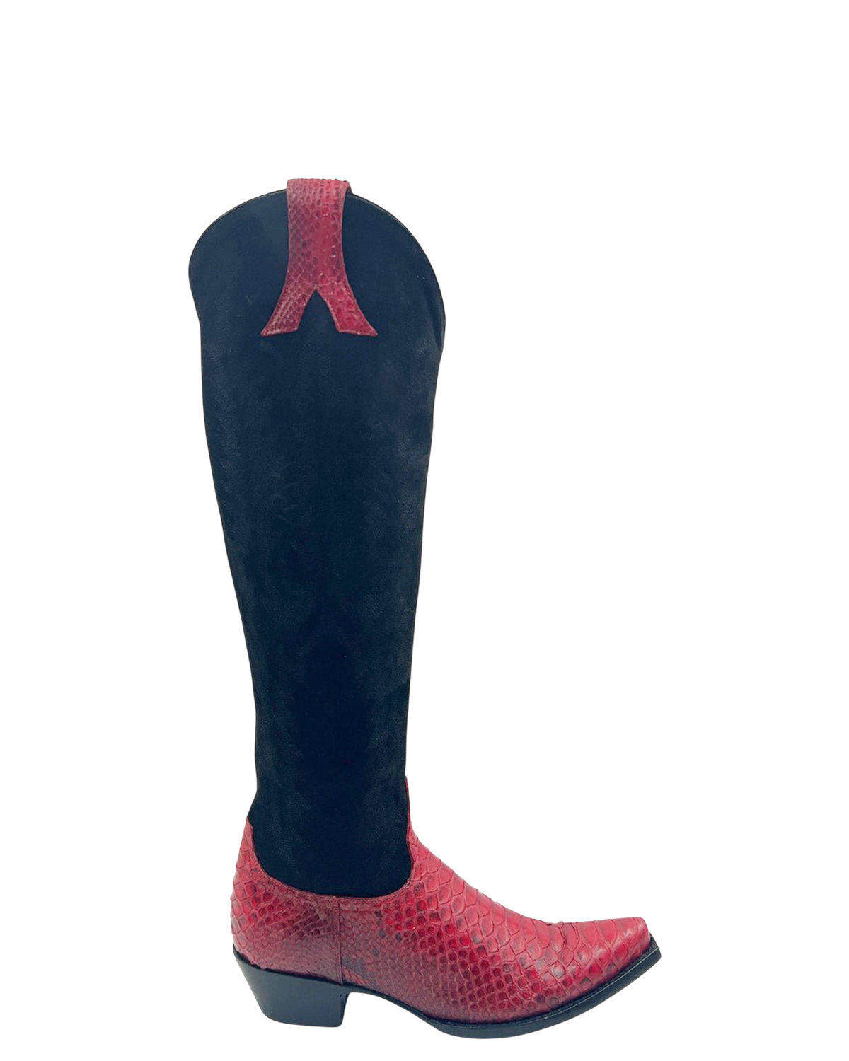 Old Gringo Boots Mayra 18-inch tall western boot in black suede with red python leather foot and pointed toe