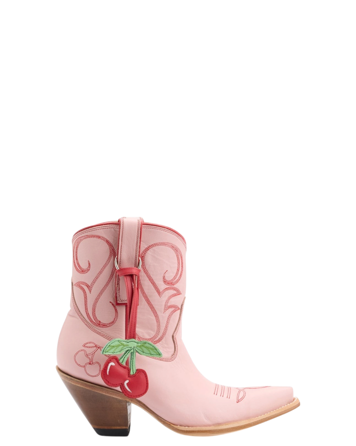 Old Gringo Boots Cherry Short pink cowhide leather western boots with red cherry bauble and contrast stitching