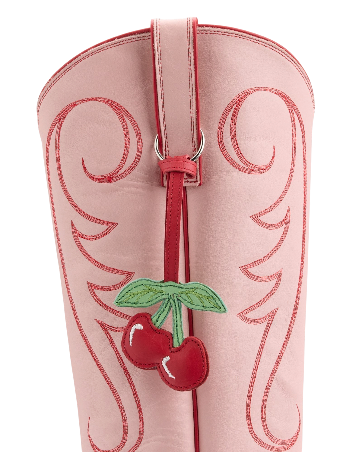 Old Gringo Boots Cherry pink cowhide leather western boot with red contrast stitching and a hanging cherry charm
