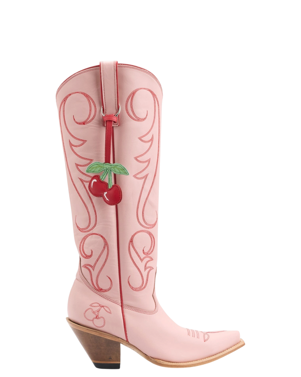 Old Gringo Boots Cherry pink cowhide leather western boots with red contrast stitching and a cherry charm detail.