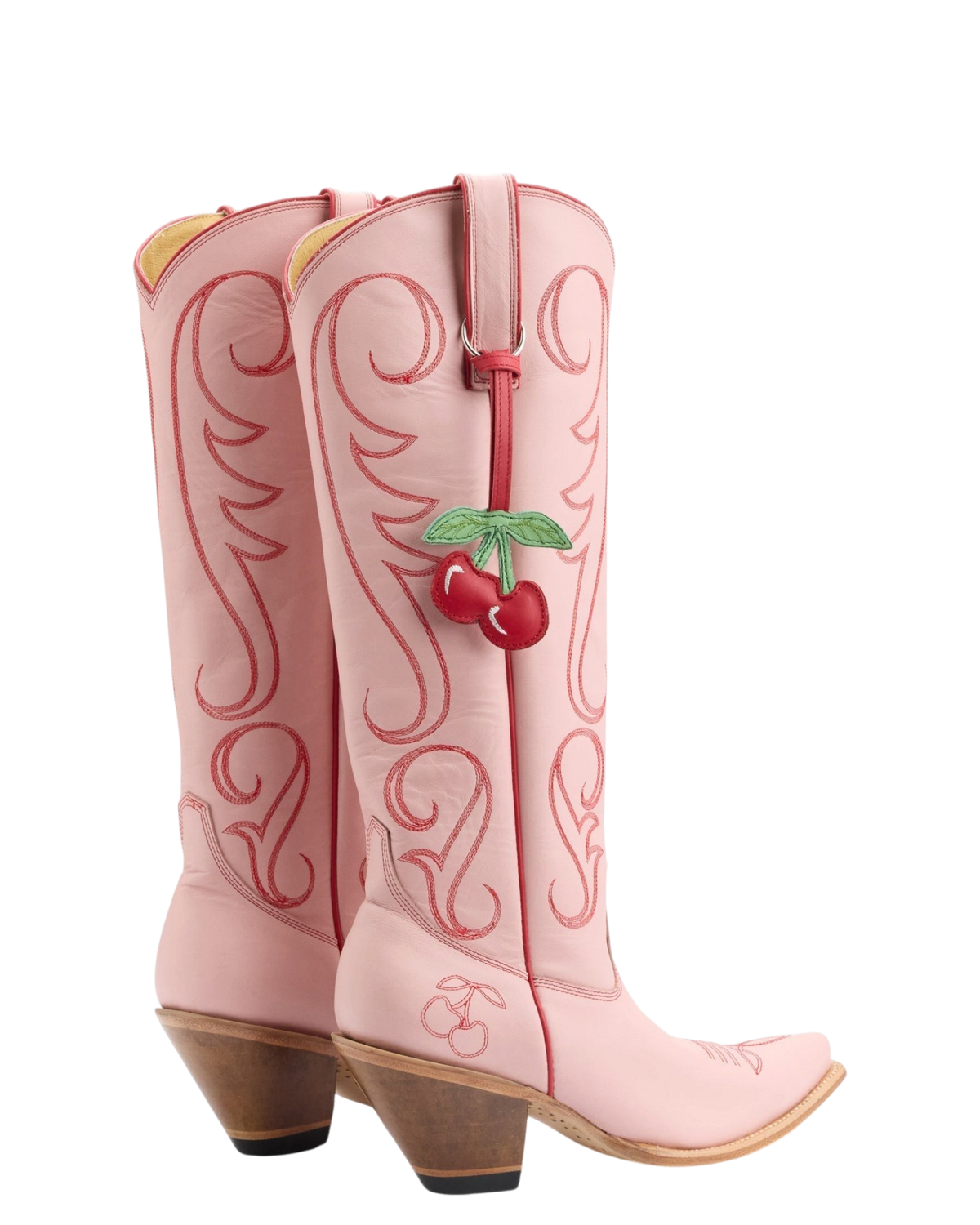 Old Gringo Boots Cherry pink cowhide leather western boots with red contrast stitching and a hanging cherry charm