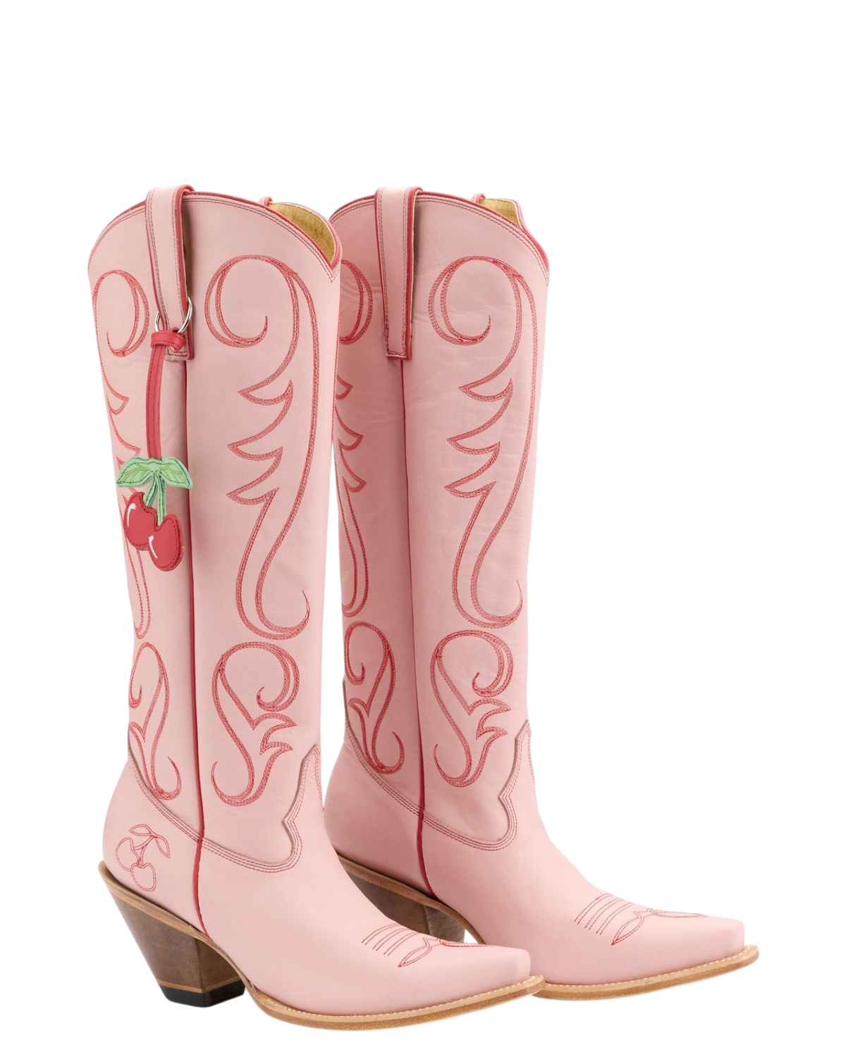 Old Gringo Boots Cherry pink cowhide western boots with red contrast stitching and a decorative cherry charm