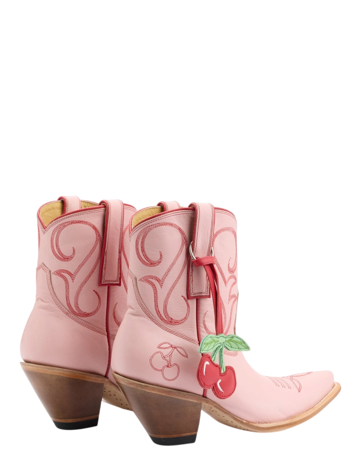 Old Gringo Boots Cherry Short pink cowhide leather western boots with red contrast stitching and cherry charm detail
