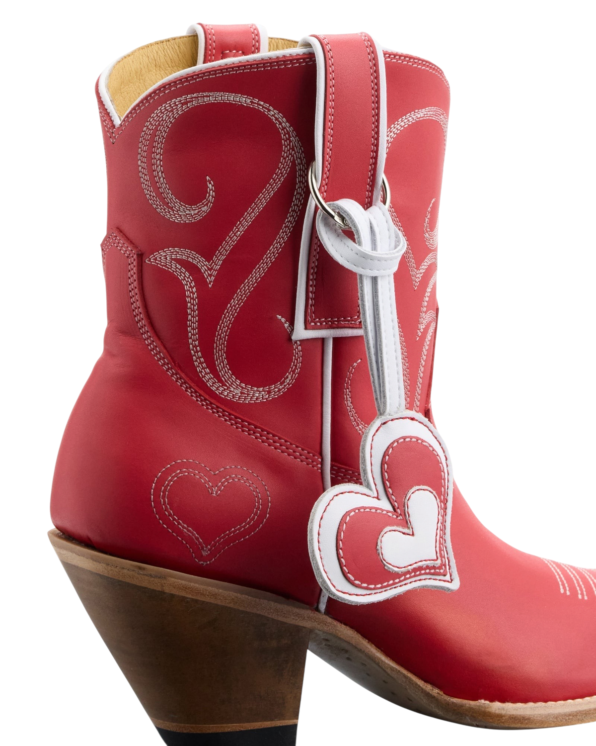 Old Gringo Boots red cowhide leather western boot with white contrast stitching and a decorative heart charm