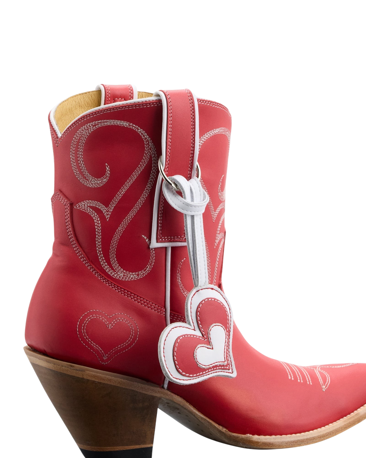 Old Gringo Boots red cowhide leather western boots with white contrast stitching and a heart charm detail