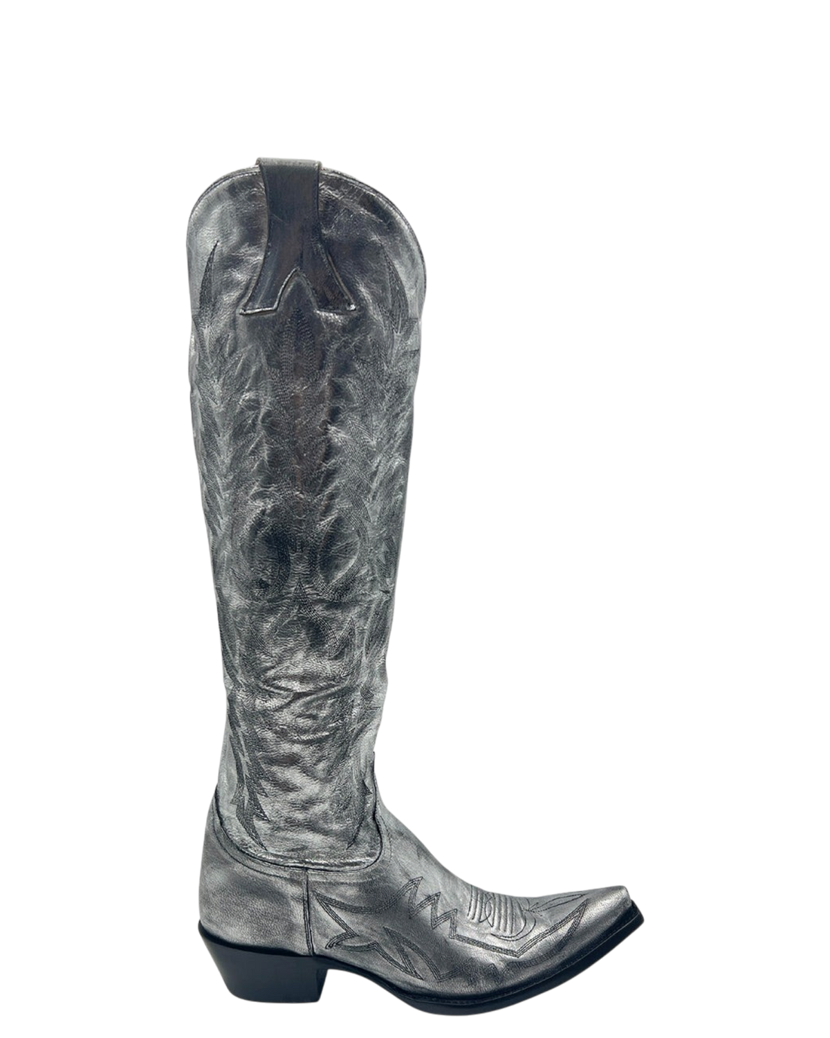 Old Gringo Boots Mayra Bis 18 tall western boot in metallic silver leather with intricate stitching and pointed toe.