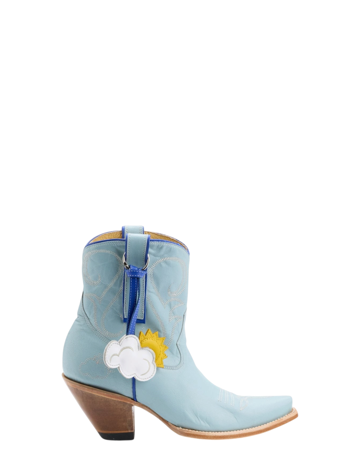Old Gringo Boots sky blue goat leather ankle boots with cloud and sun charm and decorative stitching