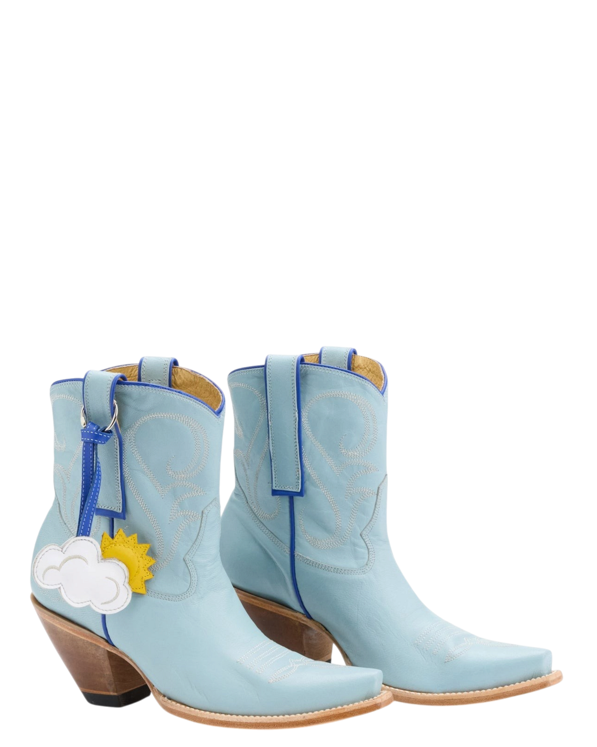 Old Gringo Boots sky blue goat leather cowboy boots with decorative sun and cloud charm and intricate stitchwork