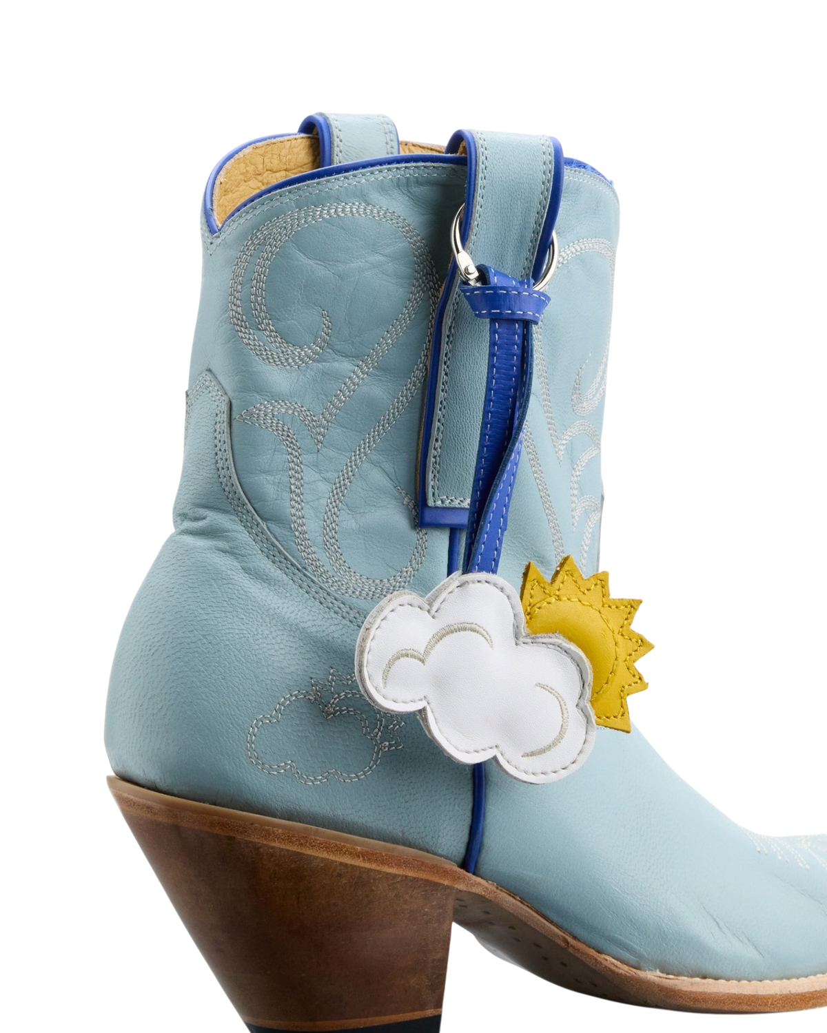 Old Gringo Boots Rainy Day sky blue goat leather western boot with sun and cloud charm and intricate stitchwork