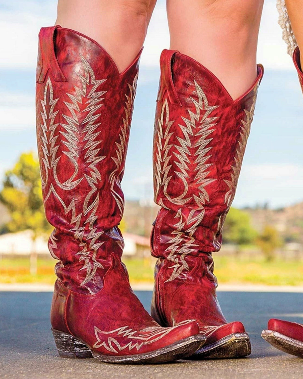 Old Gringo Boots Mayra Bis 18-inch western boots in Vesuvio red leather with intricate cream embroidery