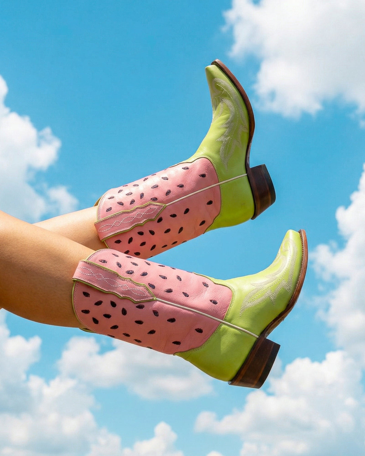 Old Gringo Boots Watermelon Moonshine cowgirl boots in green and pink leather with watermelon seed embroidery