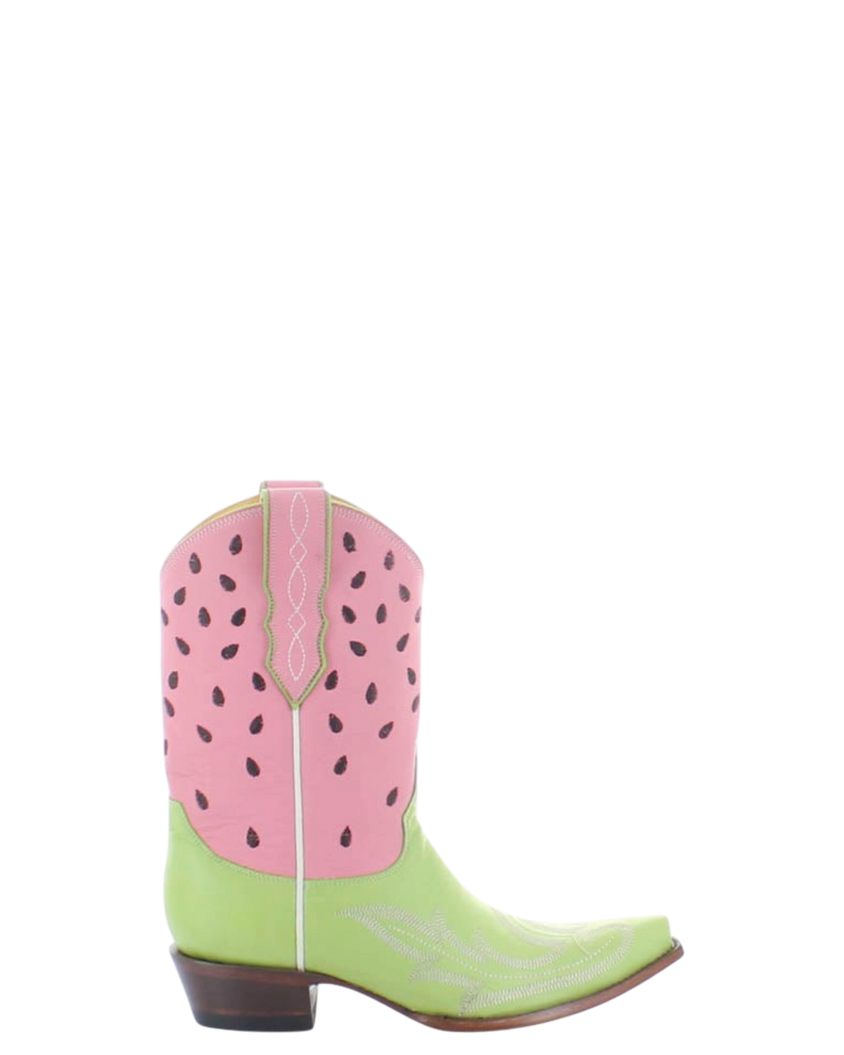 Old Gringo Boots Watermelon Moonshine western cowgirl boots in pink and green leather with watermelon seed details