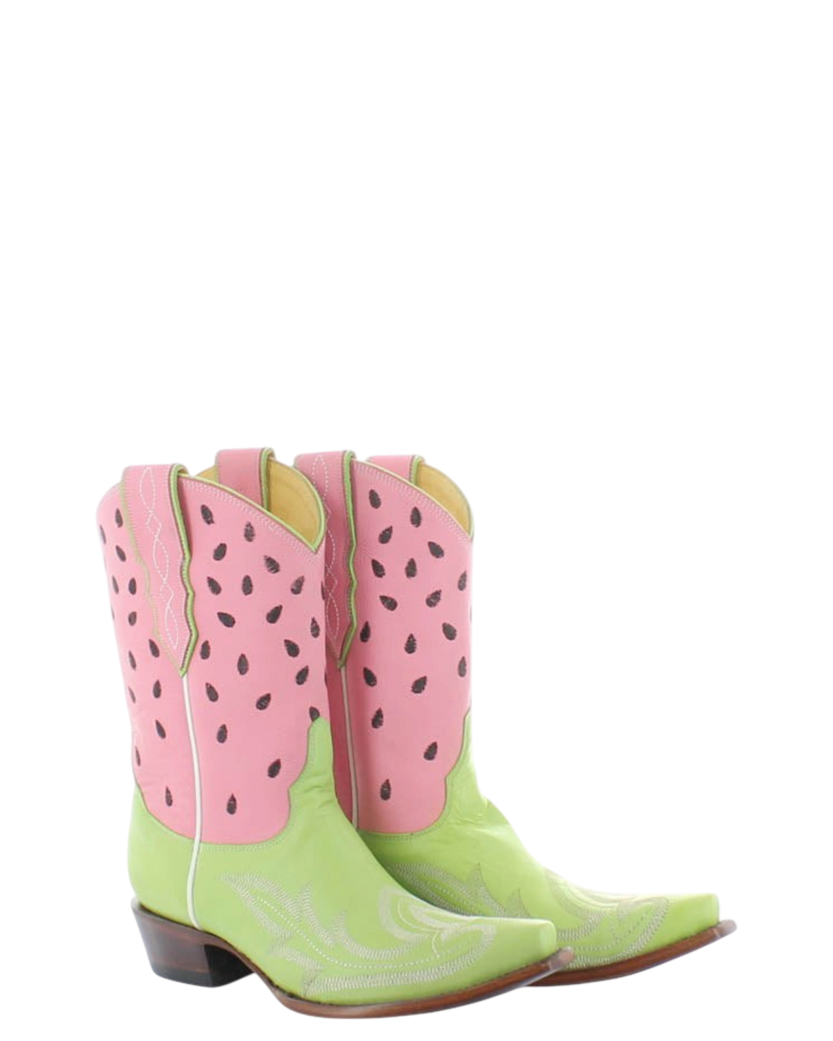Old Gringo Boots Watermelon Moonshine western cowgirl boots in pink and green leather with watermelon seed details.