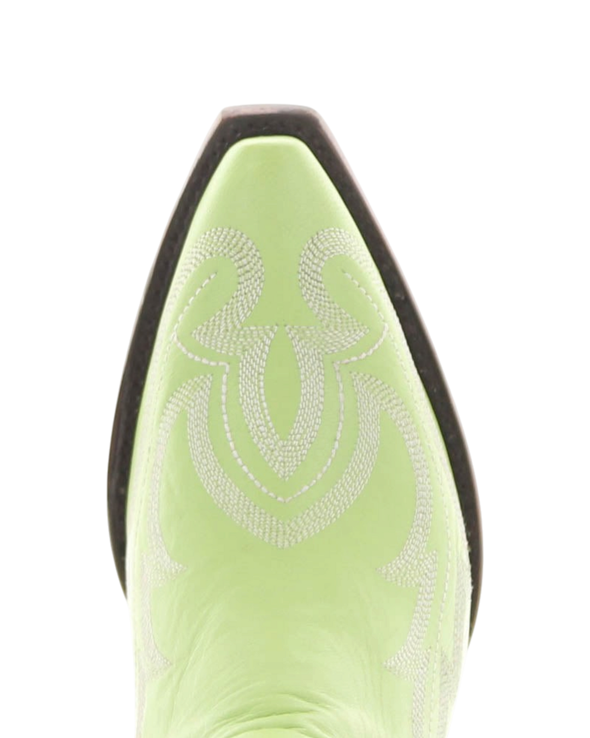 Old Gringo Boots Watermelon Moonshine lime green leather cowboy boot with white decorative stitching and 4Long toe