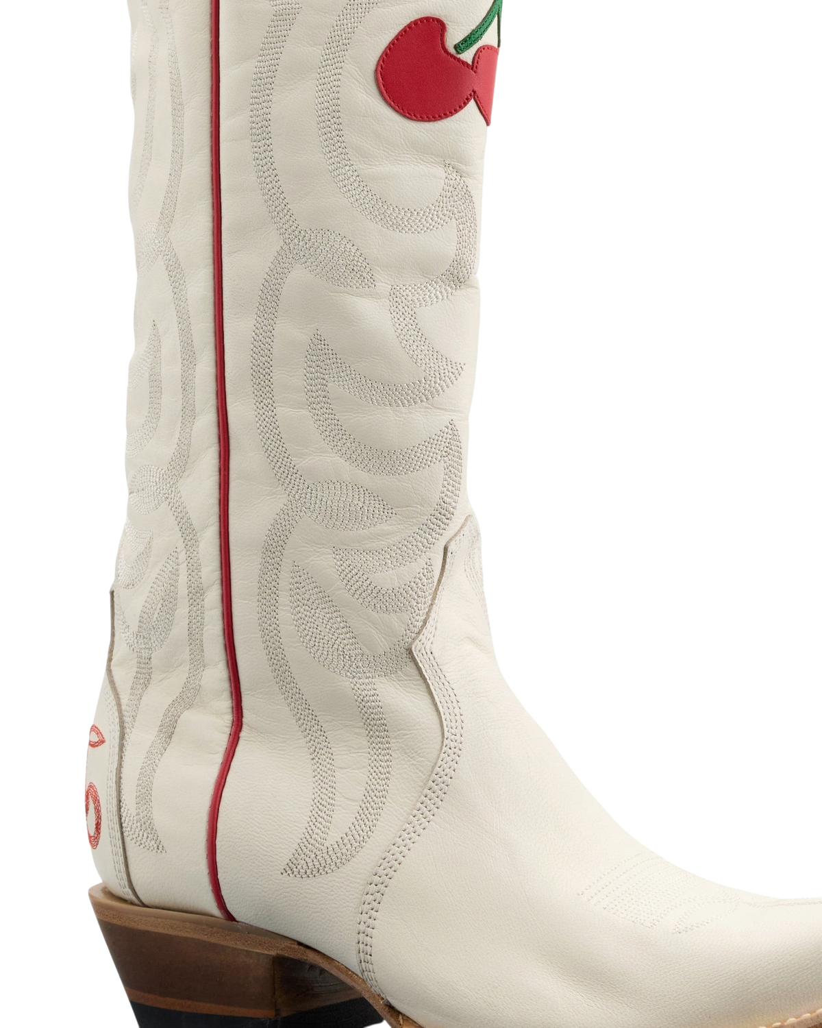 Old Gringo Boots Cherry Cherry white goat leather cowboy boot with red cherry embroidery and red piping detail