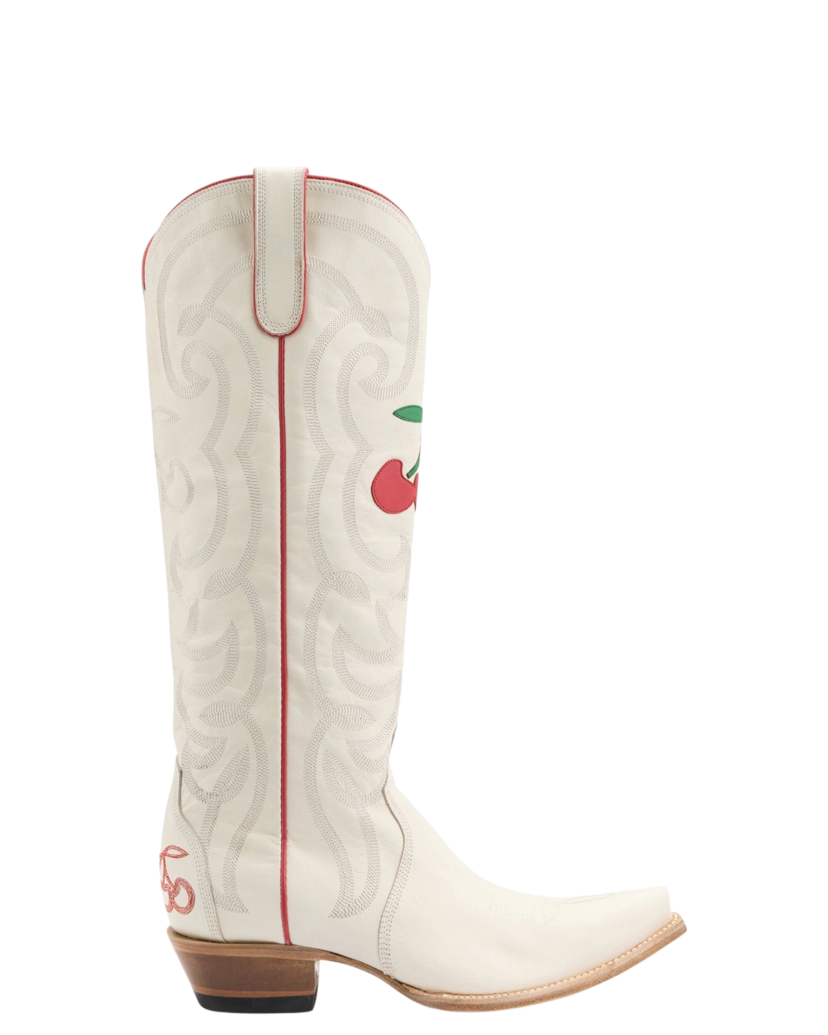 Old Gringo Boots Cherry Cherry white goat leather cowboy boot with red cherry embroidery and 17-inch shaft