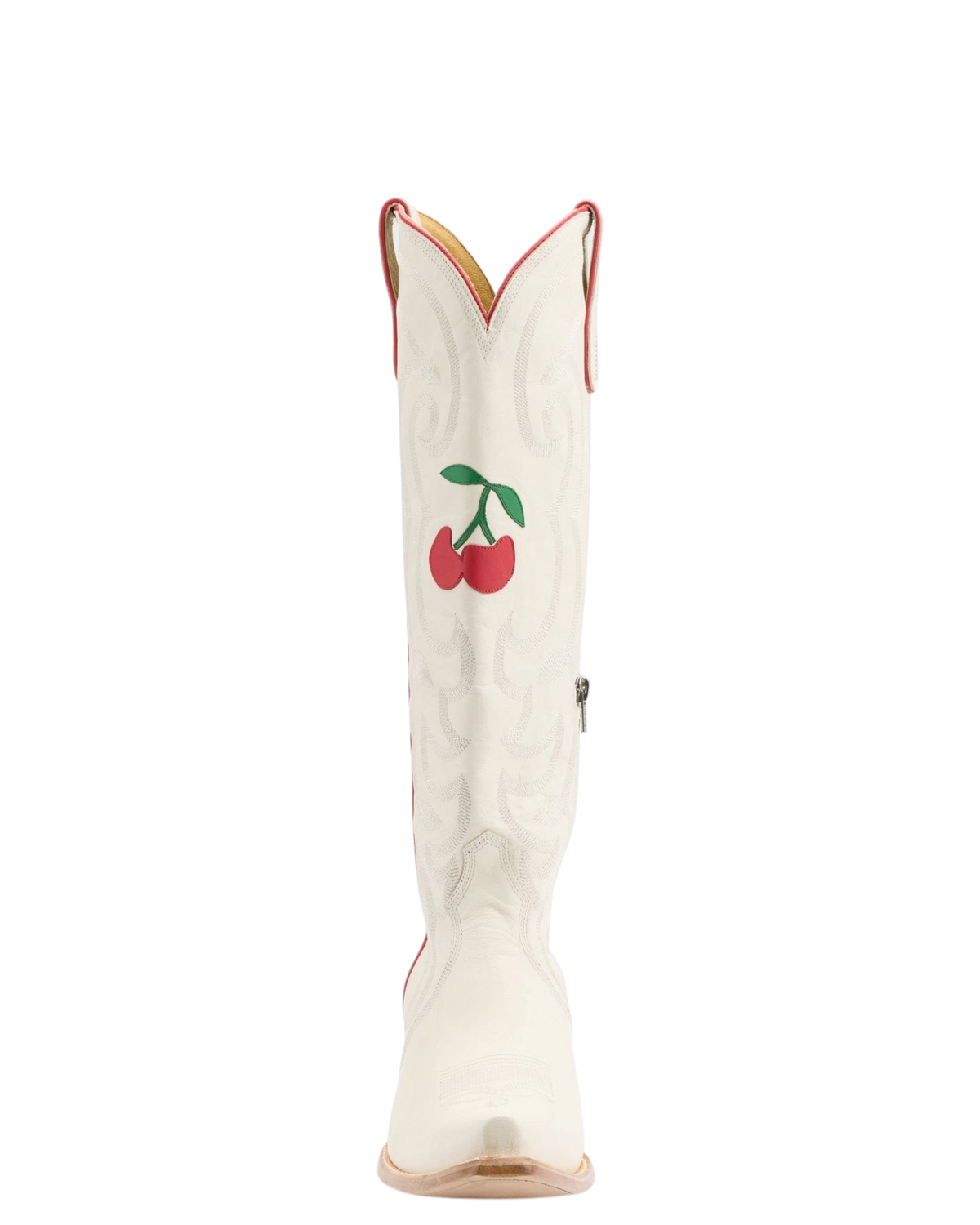 Old Gringo Boots Cherry Cherry white goat leather cowboy boot with red cherry embroidery and tall 17-inch shaft