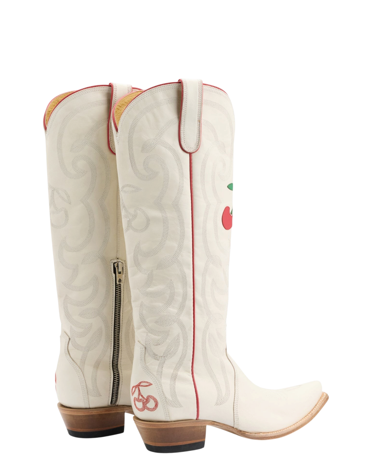 Old Gringo Boots Cherry Cherry white goat leather cowboy boots with red cherry embroidery and side zipper detail