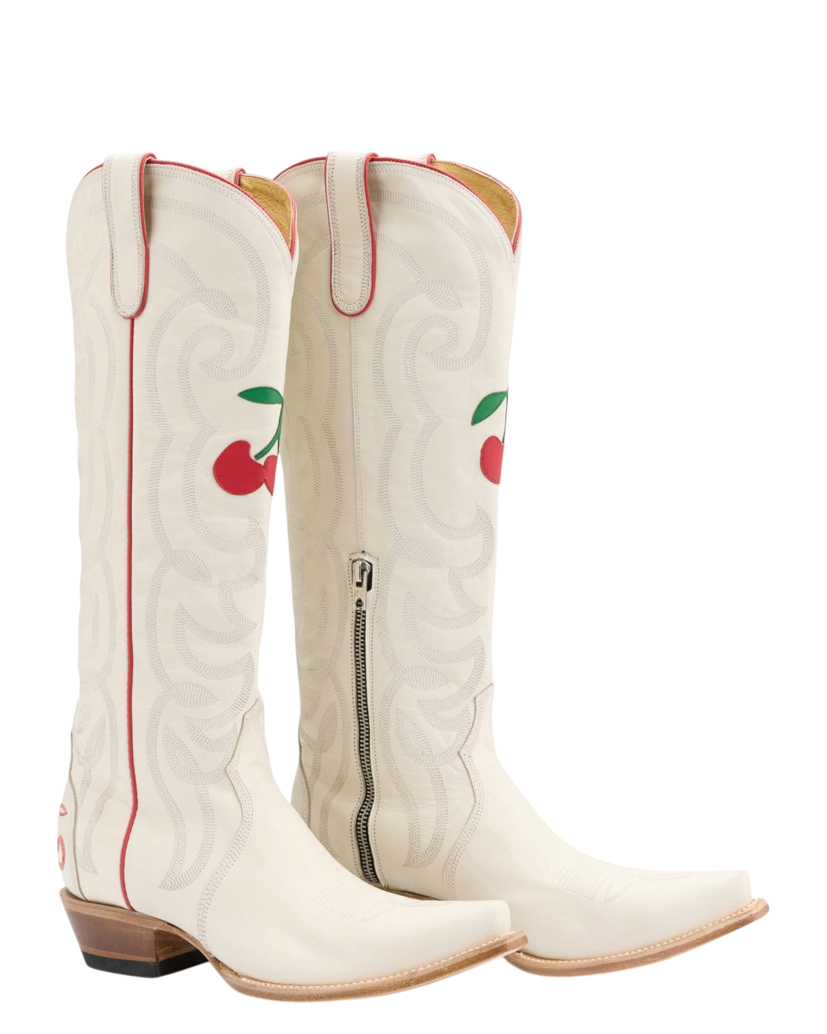 Old Gringo Boots Cherry Cherry white goat leather cowboy boots with red cherry embroidery and side zipper detail