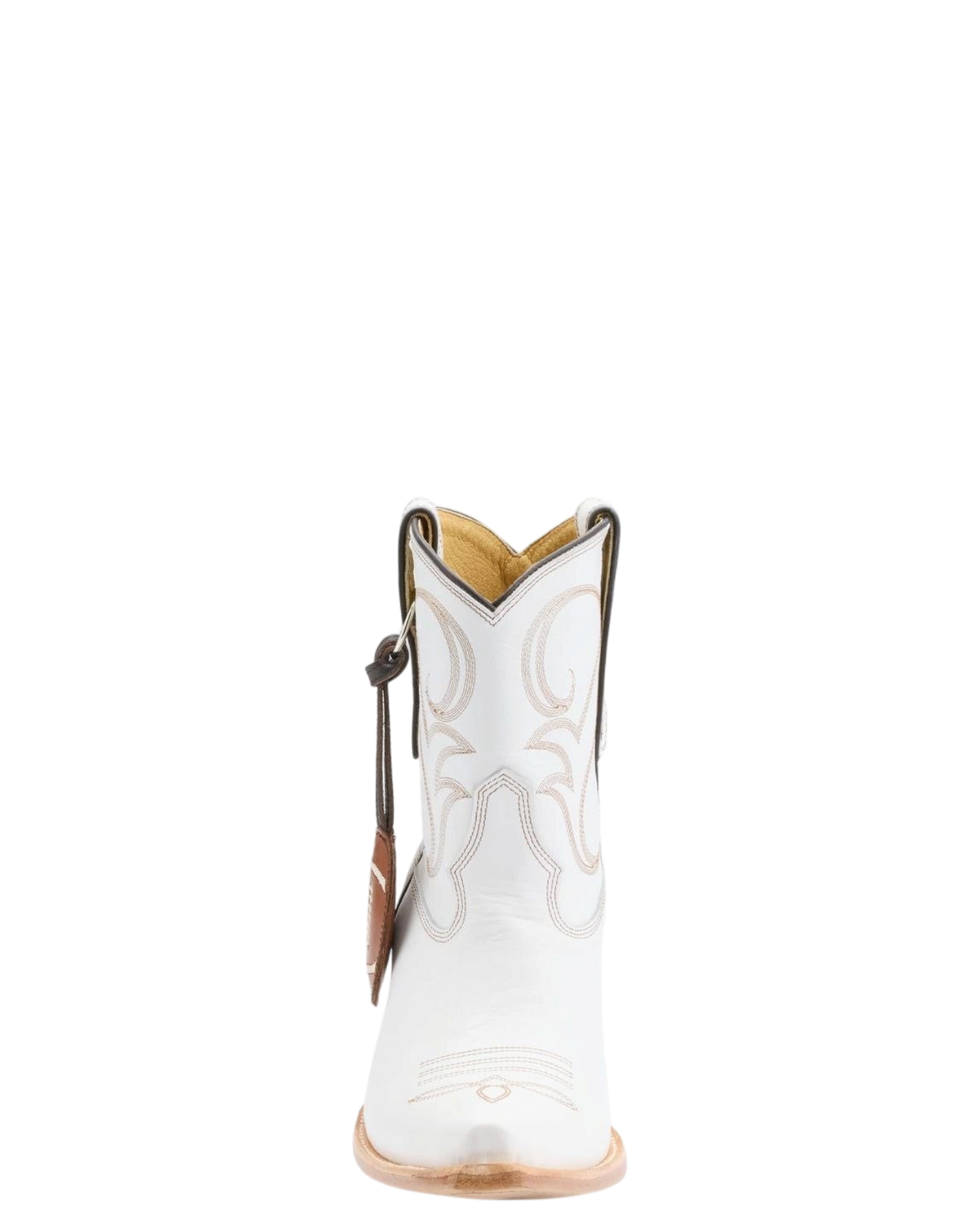 Old Gringo Boots white cowhide leather western short boot with contrast stitching and a pigskin bauble charm