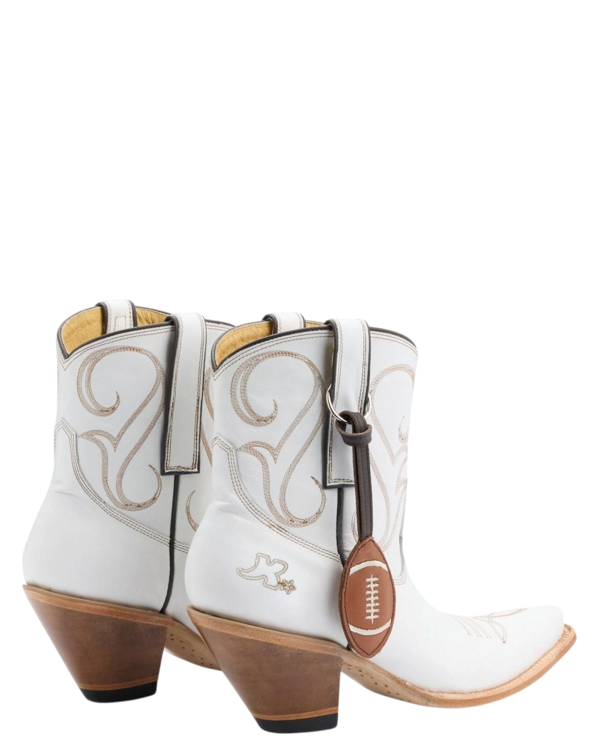Old Gringo Boots white cowhide leather western boots with contrast stitching and a brown football-shaped charm