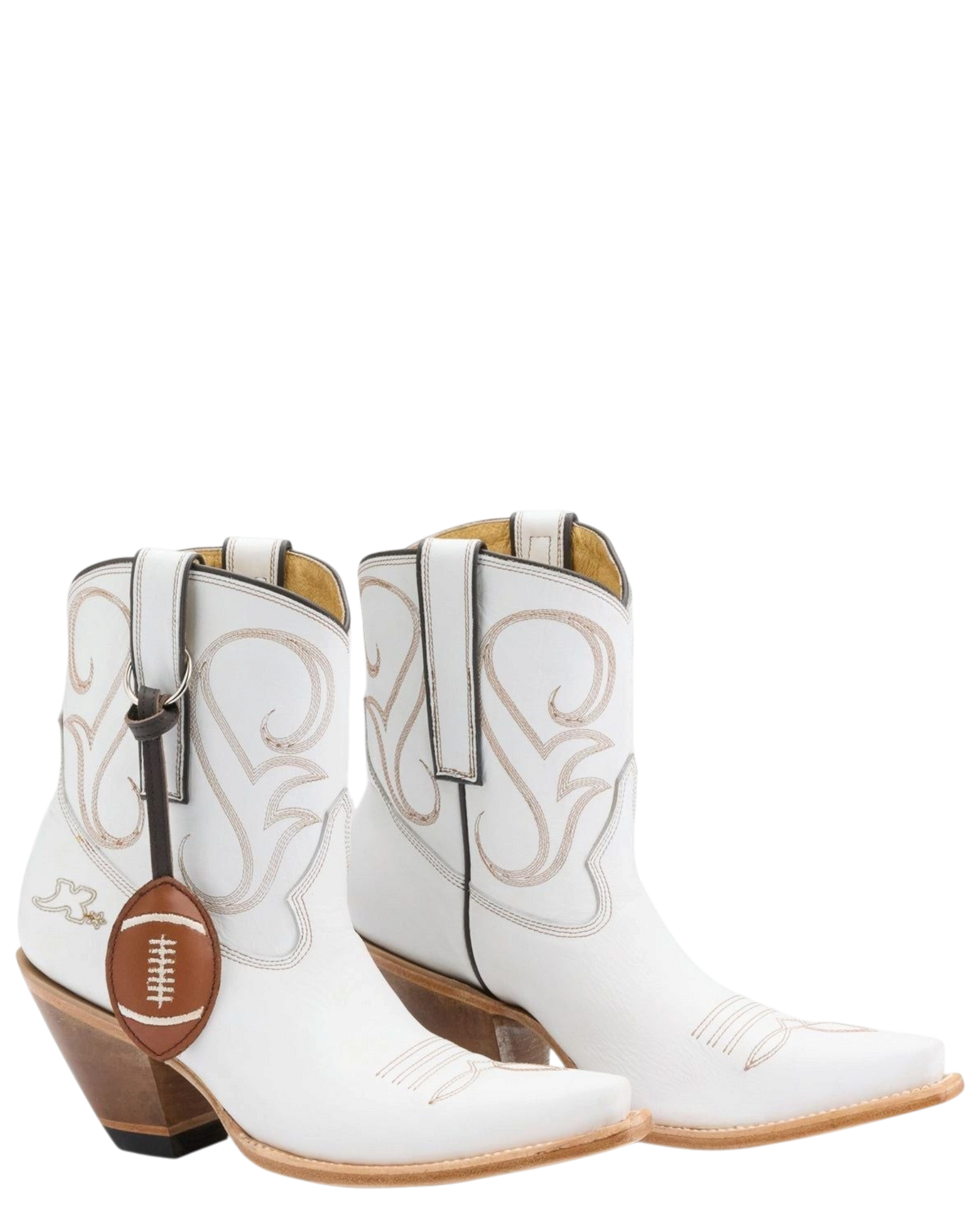 Old Gringo Boots white cowhide leather western boots with contrast stitching and a football-shaped pigskin charm.