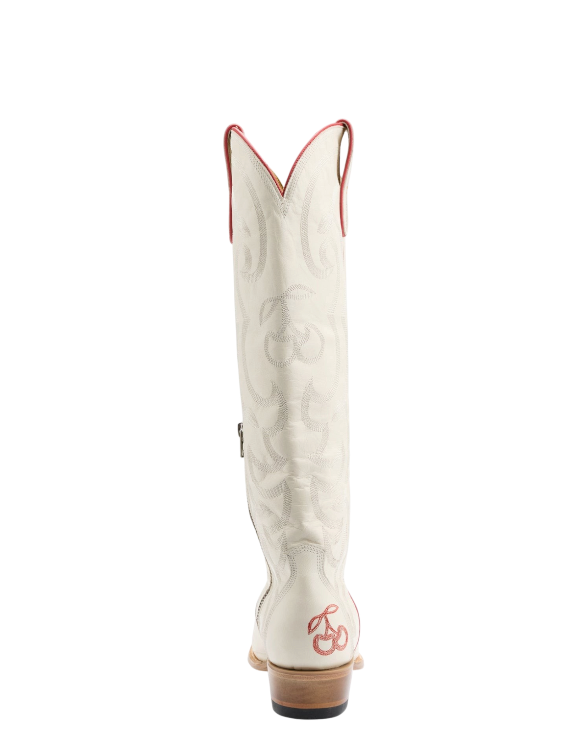 Old Gringo Boots Cherry Cherry white goat leather cowboy boot with red cherry embroidery and tall 17-inch shaft
